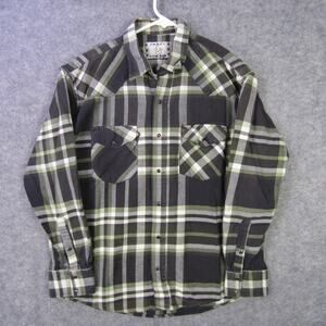 Crazy Cowboy Shirt Mens Large Green Gray Plaid Western Pearl Snap Flannel Rodeo